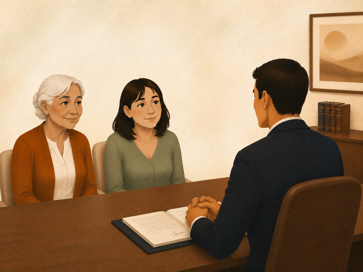 A client and her daughter across a desk from their attorney