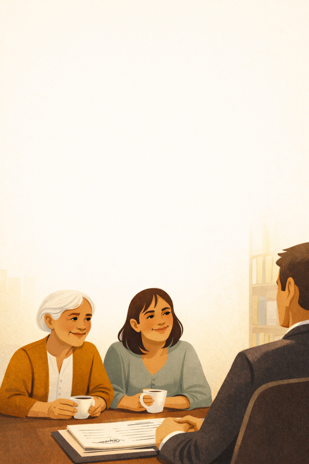 An attorney meeting with a client and their family