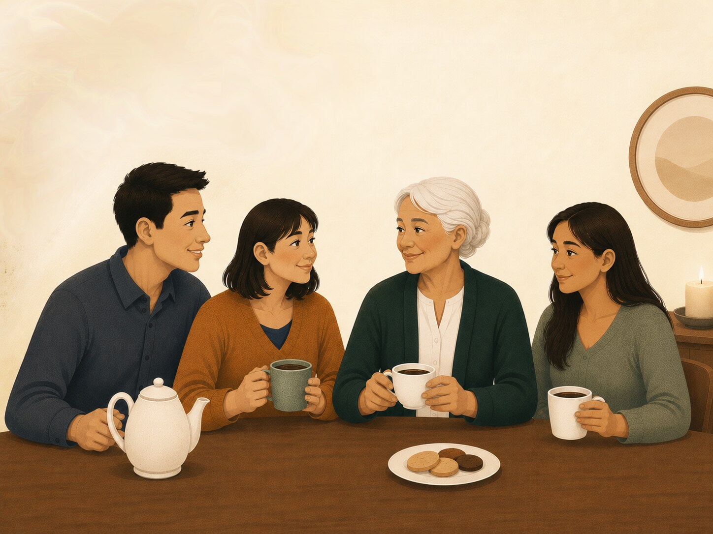 An older woman at a table with her three adult children