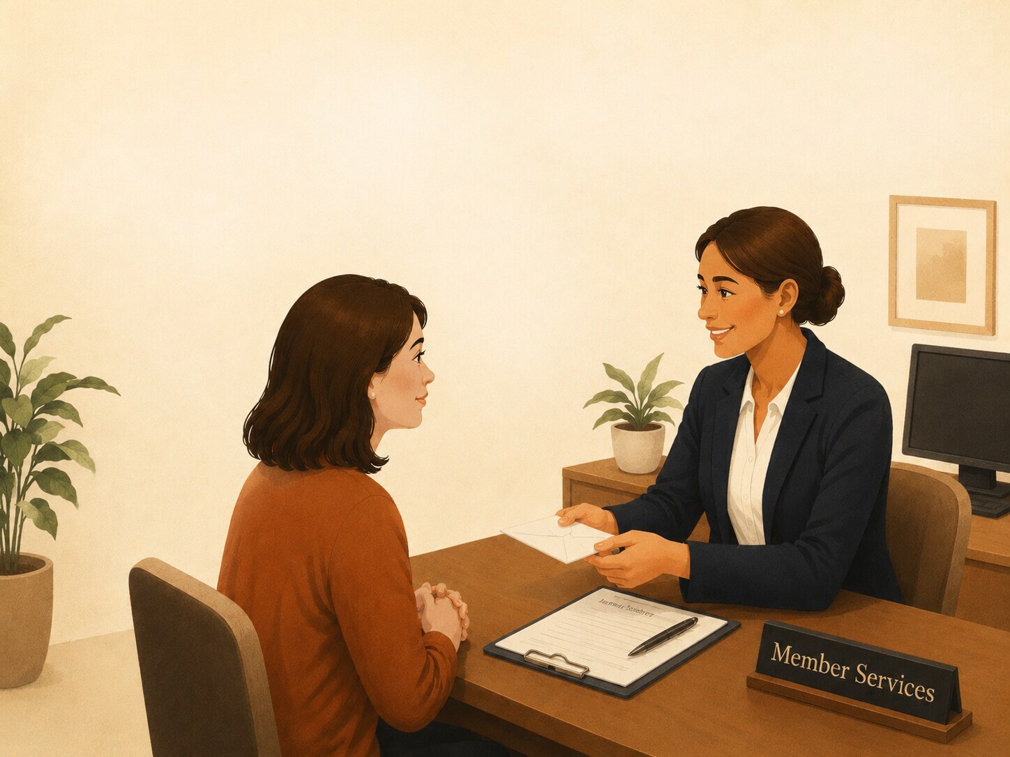 A member services desk, an envelope passed across to a customer